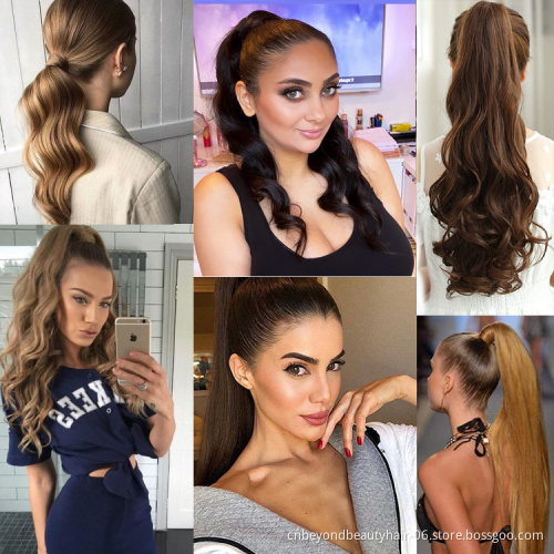 Wavy Wrap Around Clip In Ponytail Hair Extension Heat Resistant Synthetic Natural Wave Pony Tail Pure Color